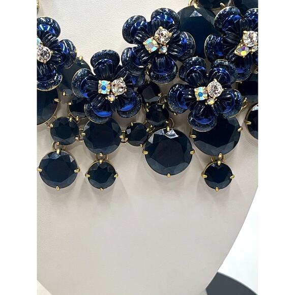 J. Crew Midnight Blue Glitter Floral Rhinestone Waterfall Statement Bib Necklace - Picture 3 of 16